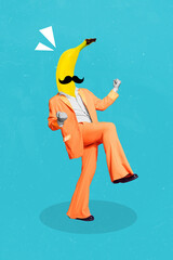 Artwork magazine picture of funny funky crazy guy banana instead of head rising fists isolated drawing background