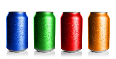 Set with different colorful aluminium cans of beverage on white background. Banner design