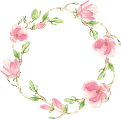 watercolor pink blooming magnolia flower and branch wreath frame