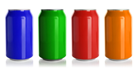 Set with different colorful aluminium cans of beverage on white background. Banner design