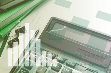 Calculator and stationery on table, closeup view