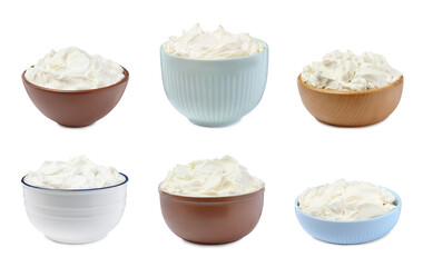 Set with tasty cream cheese on white background