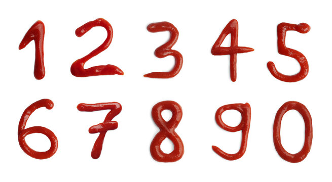 Numbers made of ketchup on white background