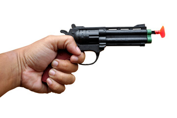 Hand holding toy gun on transparent background