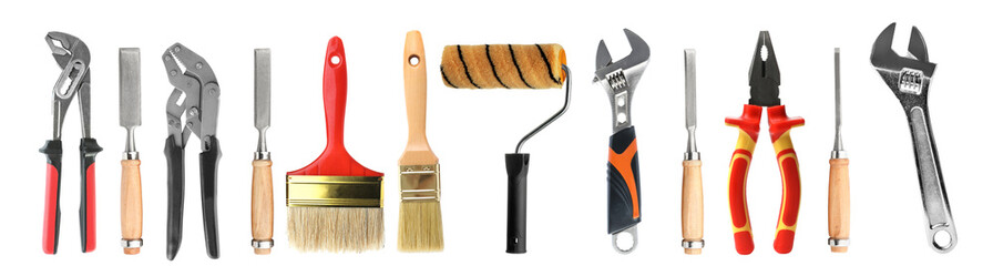 Set with different tools on white background. Banner design