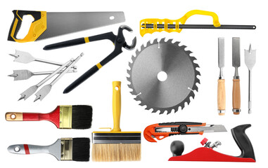 Set with different tools on white background