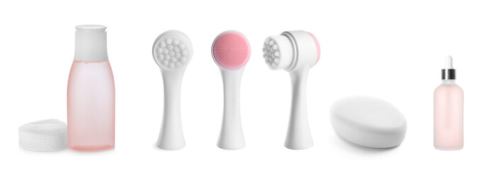 Set with cosmetic products and tools for cleansing on white background. Banner design