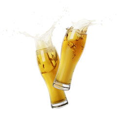 Two glasses of beer toasting with splash on white background