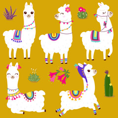 Cute llama or alpaca animals with cactus and colorful traditional accessories.  Vector illustration © stockakia