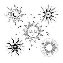 Sun logo in esoteric style collection. Flat occult design