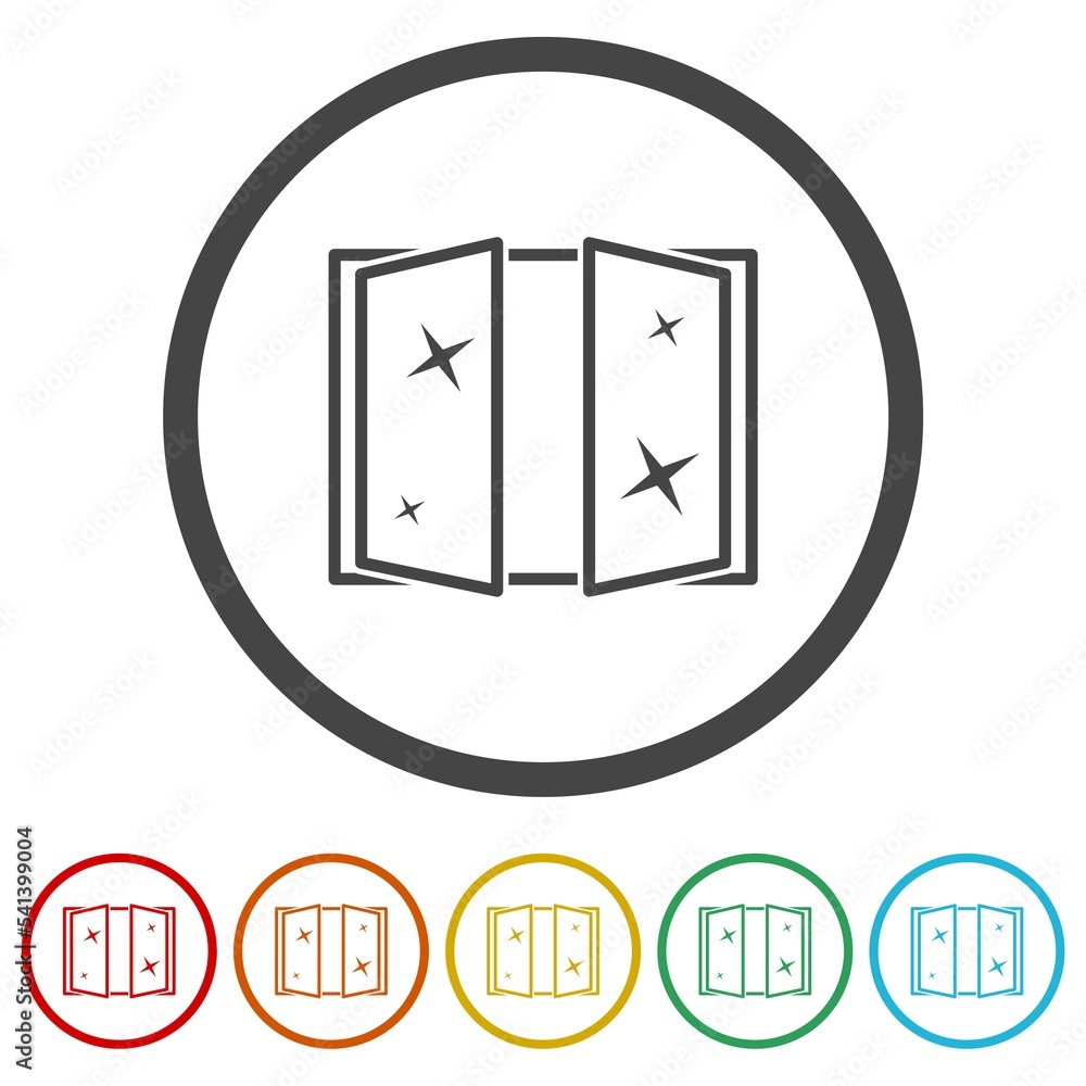 Poster cleaning window icon. set icons in color circle buttons