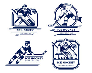 Ice Hockey players illustrations collections. Vector one color emblems.