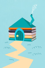 Vertical creative collage illustration artwork of blue house made of book trail smoke from chimney...