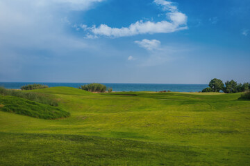 Fototapeta na wymiar Beautiful summer landscape, green field blue sea and sky with clouds.