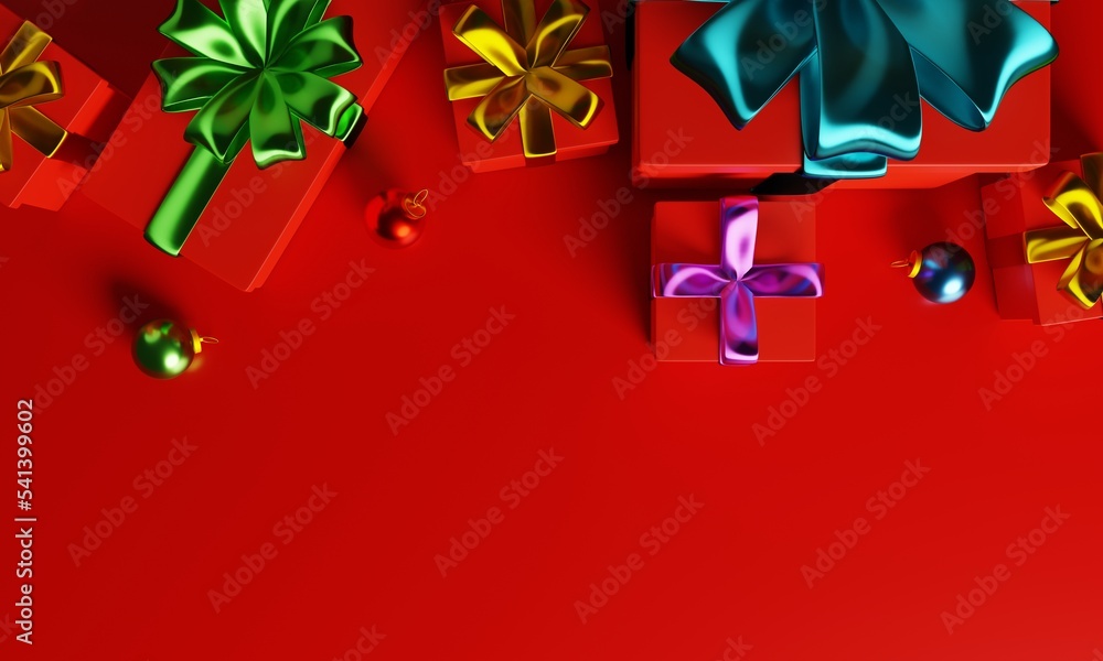 Poster abstract top view background with red gift box on 3d rendering. 3d render christmas background