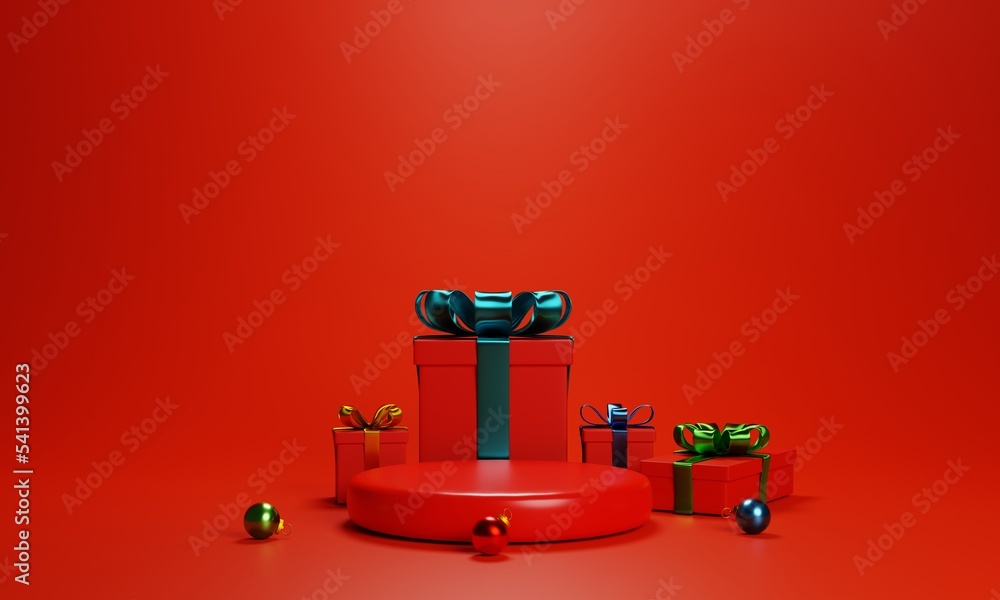Poster 3d red podium with gift box for product presentation on red background. 3d rendering product backgro