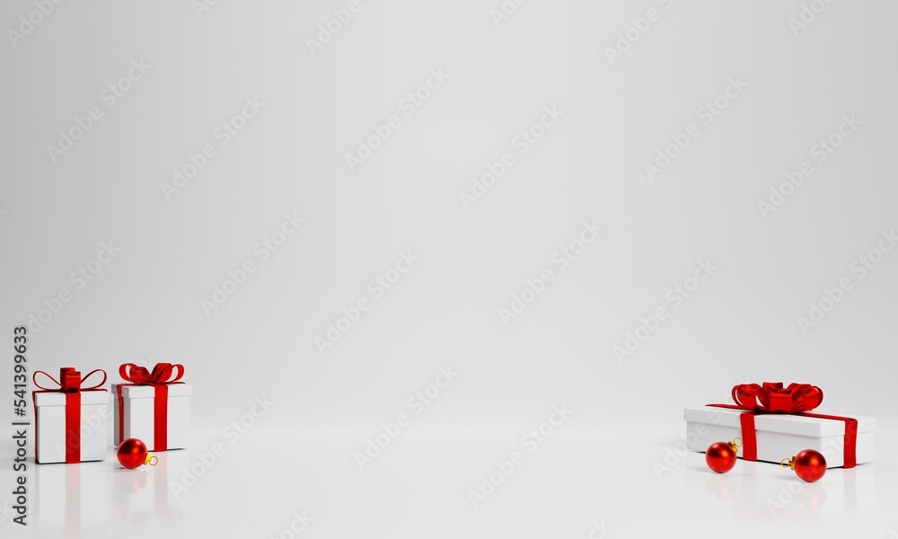 Poster empty white background with white gift box on 3d rendering. 3d render gift box with red ribbon