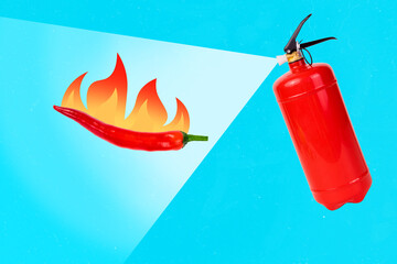 Creative collage illustration art photo of fire extinguisher stew red spicy chilly hot pepper...