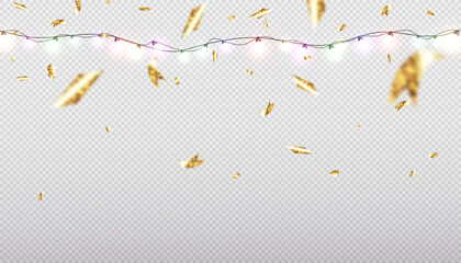 Glitter Confetti on a transparent background. Falling shiny golden confetti. Bright golden festive tinsel. Festive design elements for web banner, poster, flyer, invitation. Vector
