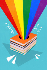 Vertical creative collage illustration artwork of colorful rainbow shine from day book journal...