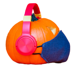 Halloween Orange Pumpkin with face mask and headphones isolated on  transparent background pattern.