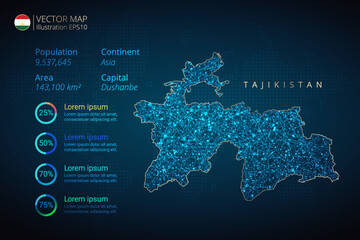 Tajikistan map infographics vector template with abstract geometric mesh polygonal light concept on blue background. Template for diagram, graph, presentation and chart