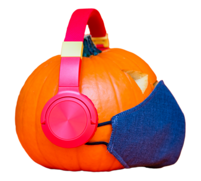 Halloween Orange Pumpkin with face mask and headphones isolated on  transparent background pattern.
