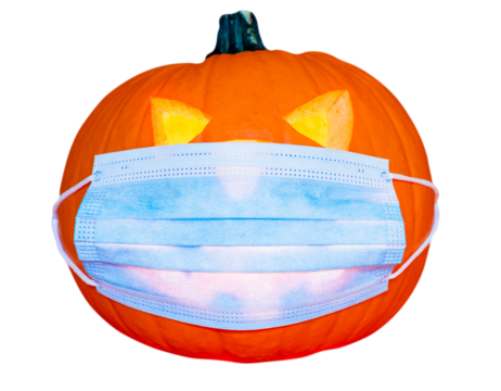 Halloween Orange Pumpkin with face medical mask isolated on  transparent background pattern.