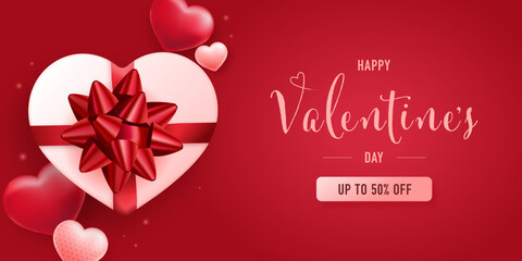 Fototapeta na wymiar Valentine's day sale banner. Discount promotion for shopping. Background with heart elements and gift boxes.