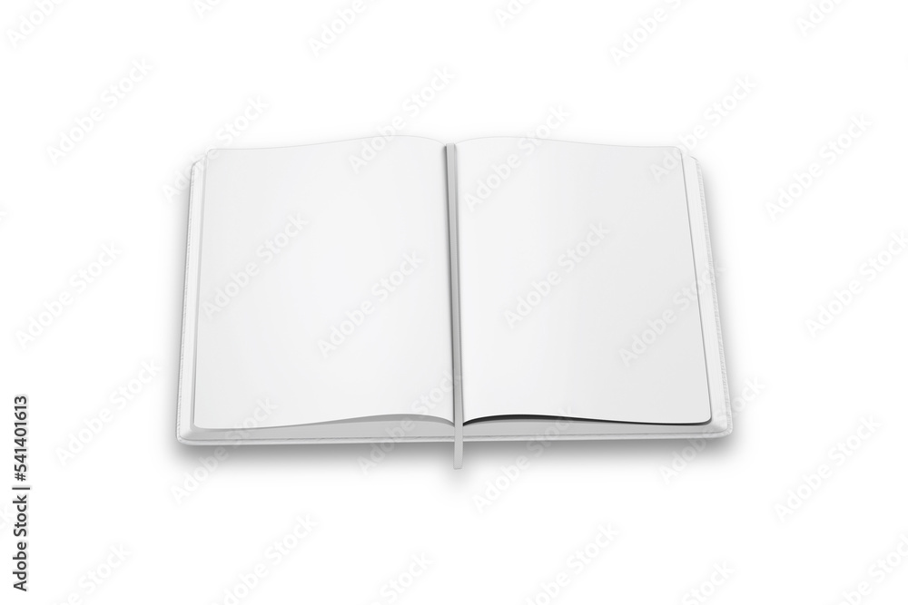 Poster opened sketchbook with blank pages and bookmark mockup isolated on white. 3d illustration for your a