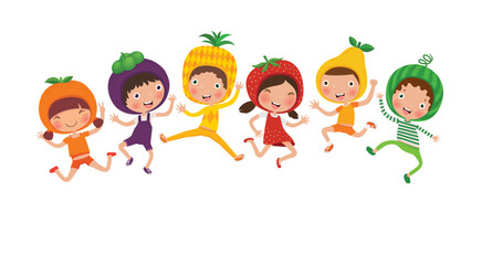 illustration of kids and fruits, healthy food for children cartoon vector, nutrition for kids