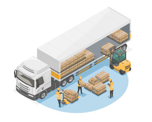 loading pallets box forklift isometric warehouse truck cardboard box in logistics business delivery truck isolate