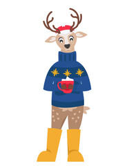 Obraz na płótnie Canvas Christmas deer holding cup of cocoa. Cute character in cartoon style.