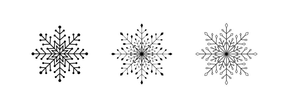 Set of black elegant snowflakes on white background. Vector mandala style ornate snowflakes icon collection for your design elements, stickers, pattern and more.