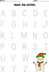 Worksheet with cute snowman. Trace uppercase letters of alphabet.