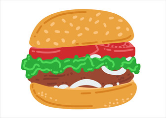 Hamburger close-up. Illustration with fast food. Tomato sandwich. Traditional cheeseburger. American street food in flat style. Fast food cafe vector illustration