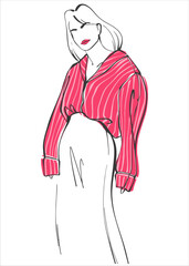 Fashionable young girl in a striped shirt and bright pink lips. Vector art illustration of street fashion. Illustration in line art style. Street style image for magazine and fashion design.