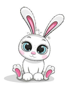 Cute white bunny with long ears and big blue eyes