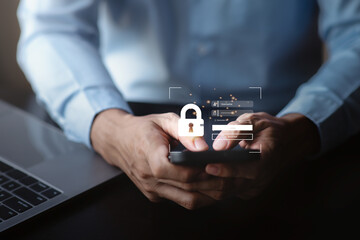 Businessman using smartphone to access biometric data by input password or fingerprint scanner for access security system , Futuristic technology hacker  increases security concept.