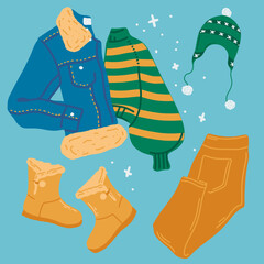 Set of winter warm clothes. Ready fashionable look with jacket, sweater, trousers, hat and warm boots. Stylish women's clothing. Vector illustration in a flat style.