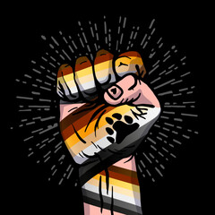 A man's hand clenched into a fist. The flag of the bear brotherhood. A colorful logo of one of the LGBT flags. Gay bear. Sexual identification.