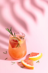 Summer cocktail with grapefruit, rosemary, and ice.