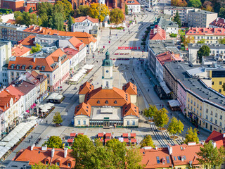 Old market in Bialystok city and sign #Bialystok aerial view, Poland - obrazy, fototapety, plakaty
