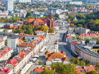 Old market, Basilica and sign #Bialystok in Bialystok city aerial view, Poland - obrazy, fototapety, plakaty