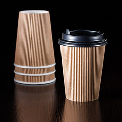 Brown paper cup for coffee, tea, drinks from ecological materials with a lid on a black background. Several glasses are upside down