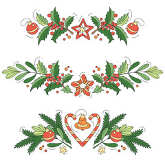 Decorative border from a Christmas tree branches, ribbons and balls isolated on a light background. Frame template with the symbols of the holiday.
