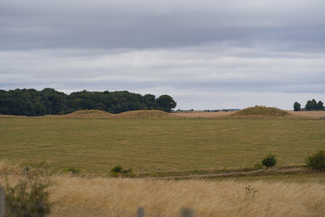 Fototapeta na wymiar Beautiful rural landscape with agriculture fields and prehistoric hill graves at Salisbury Plain in Wiltshire on a cloudy summer day. Photo taken August 2nd, 2022, Amesbury, England.