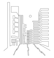 Megacity with skyscrapers. High-rise buildings on the sides of the road. Sunrise or sunset or moon. Continuous line drawing illustration.