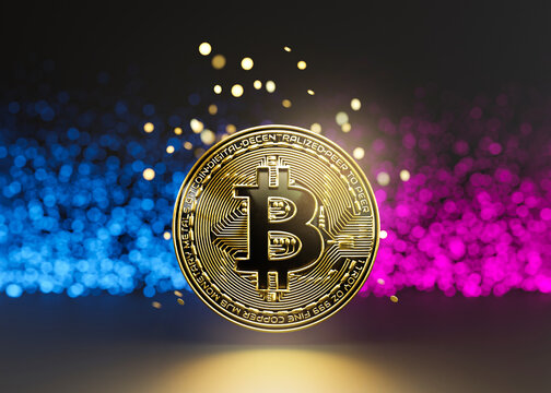 Cryptocurrency golden bitcoin coin with neon lights. Symbol of crypto currency - electronic virtual money for web banking and international network payment. Business, finance, technology. 3D rendering