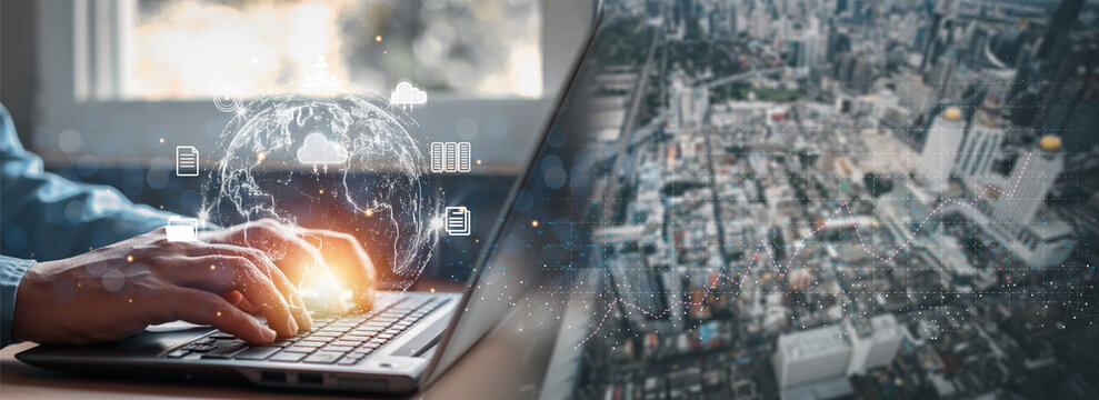 Businessman using world network. smart city.